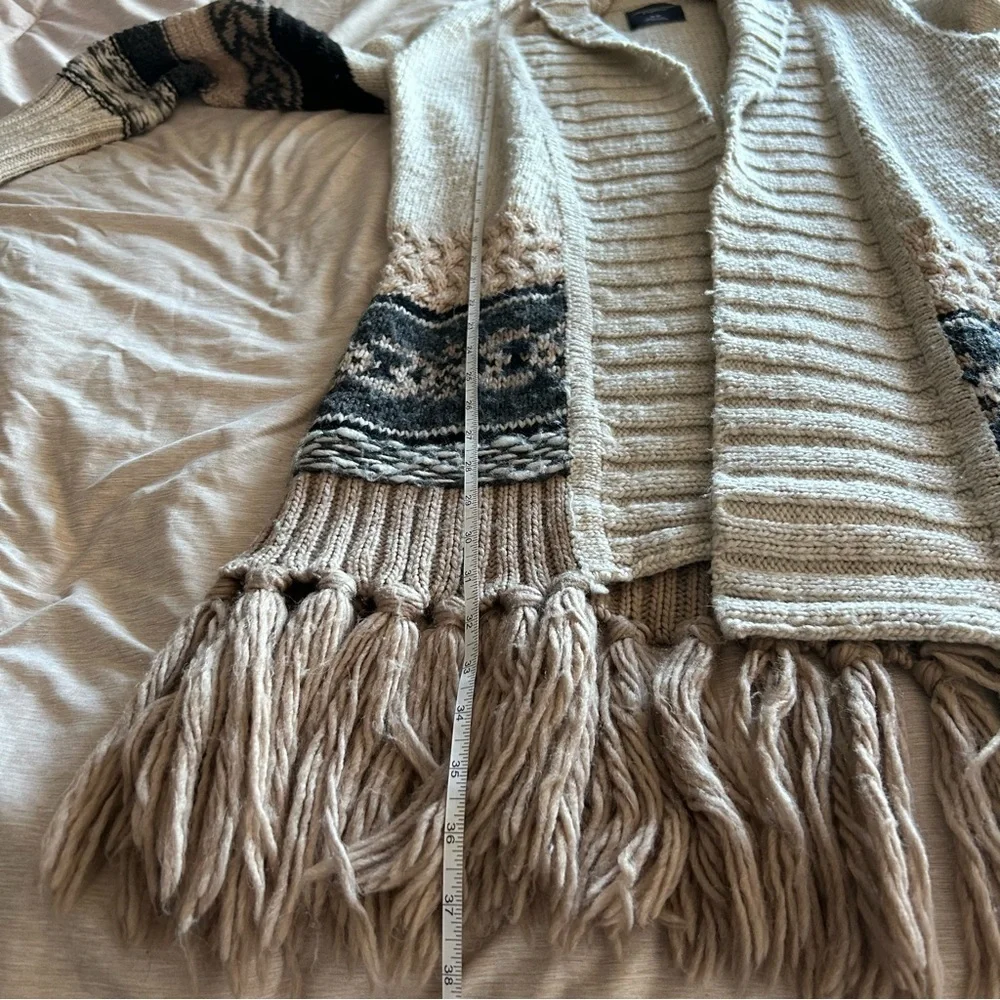 American Eagle Outfitters Beige Boho Fringe Patterned Long Cardigan